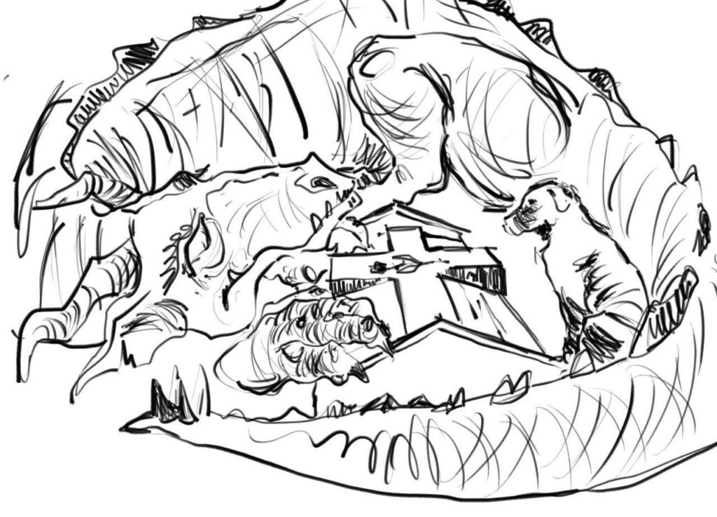 a dragon curled around a grave with a dog by his side